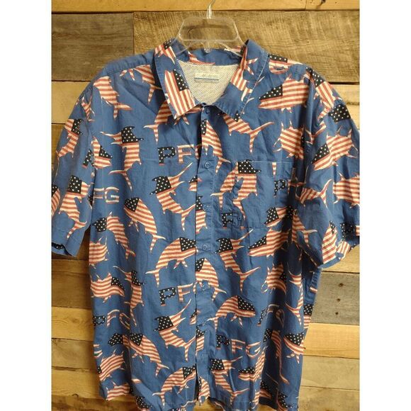 Columbia PFG Men's XL American Flag Fish Fishing Shirt 100% Cotton - Picture 1 of 4